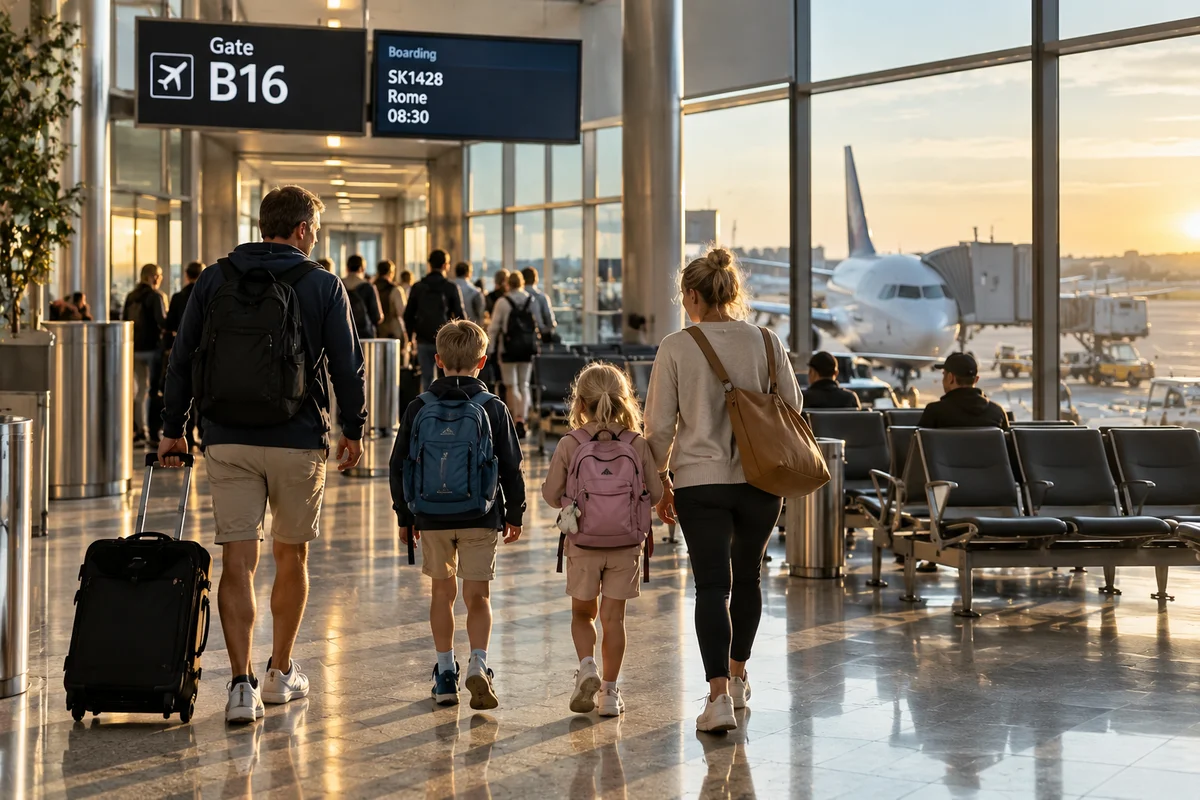 Familj med ryggsäckar på väg mot gaten på flygplatsen i morgonljus